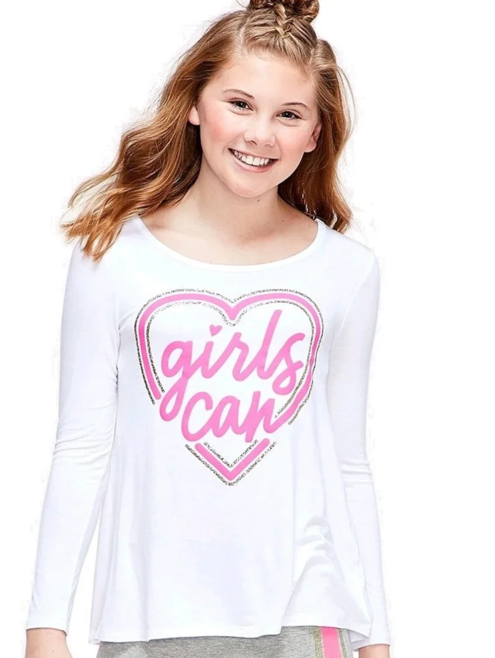 Justice Girls Can White Long Sleeve Tee with Pink Heart Graphic 14-16 Nwt